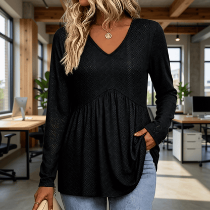 Blouse Manches Longues à Fronces et Col V