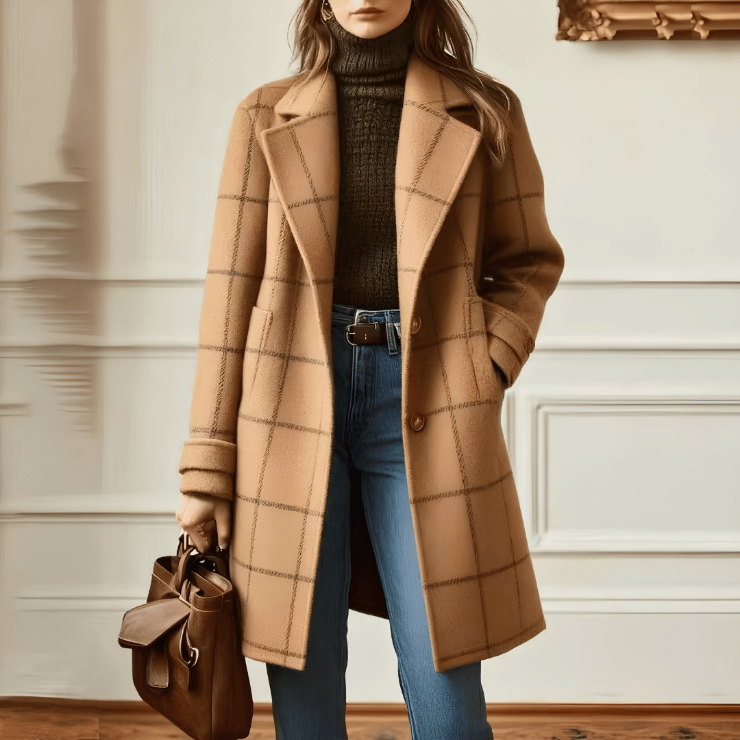 Manteau Structuré à Carreaux avec Col à Revers