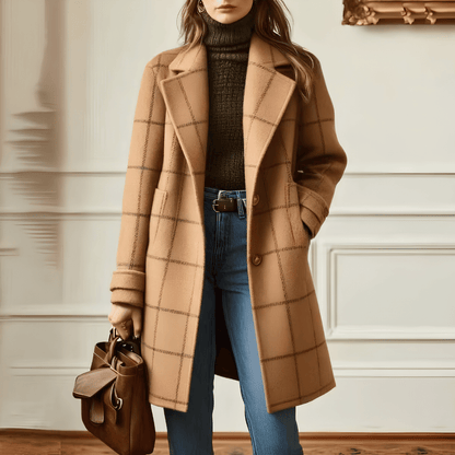 Manteau Structuré à Carreaux avec Col à Revers