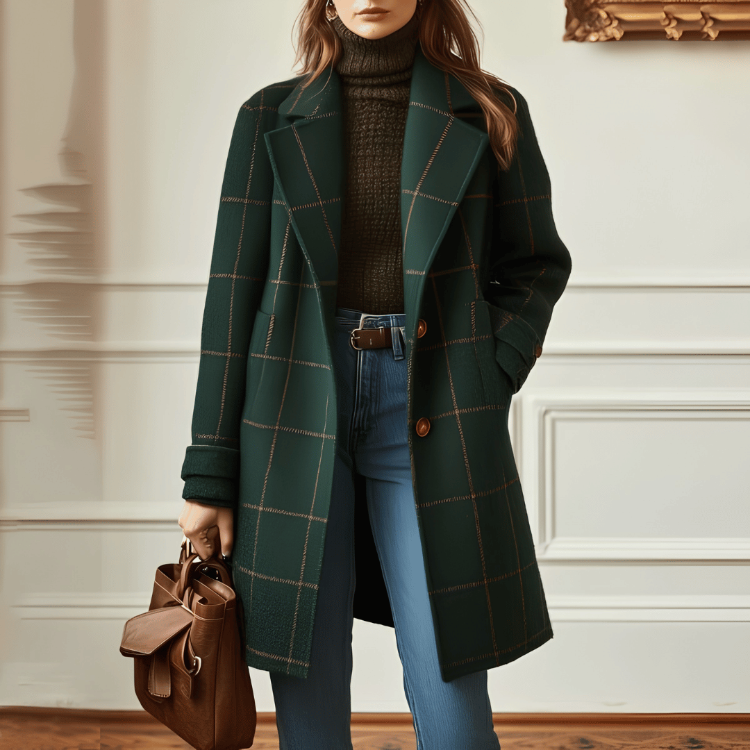 Manteau Structuré à Carreaux avec Col à Revers