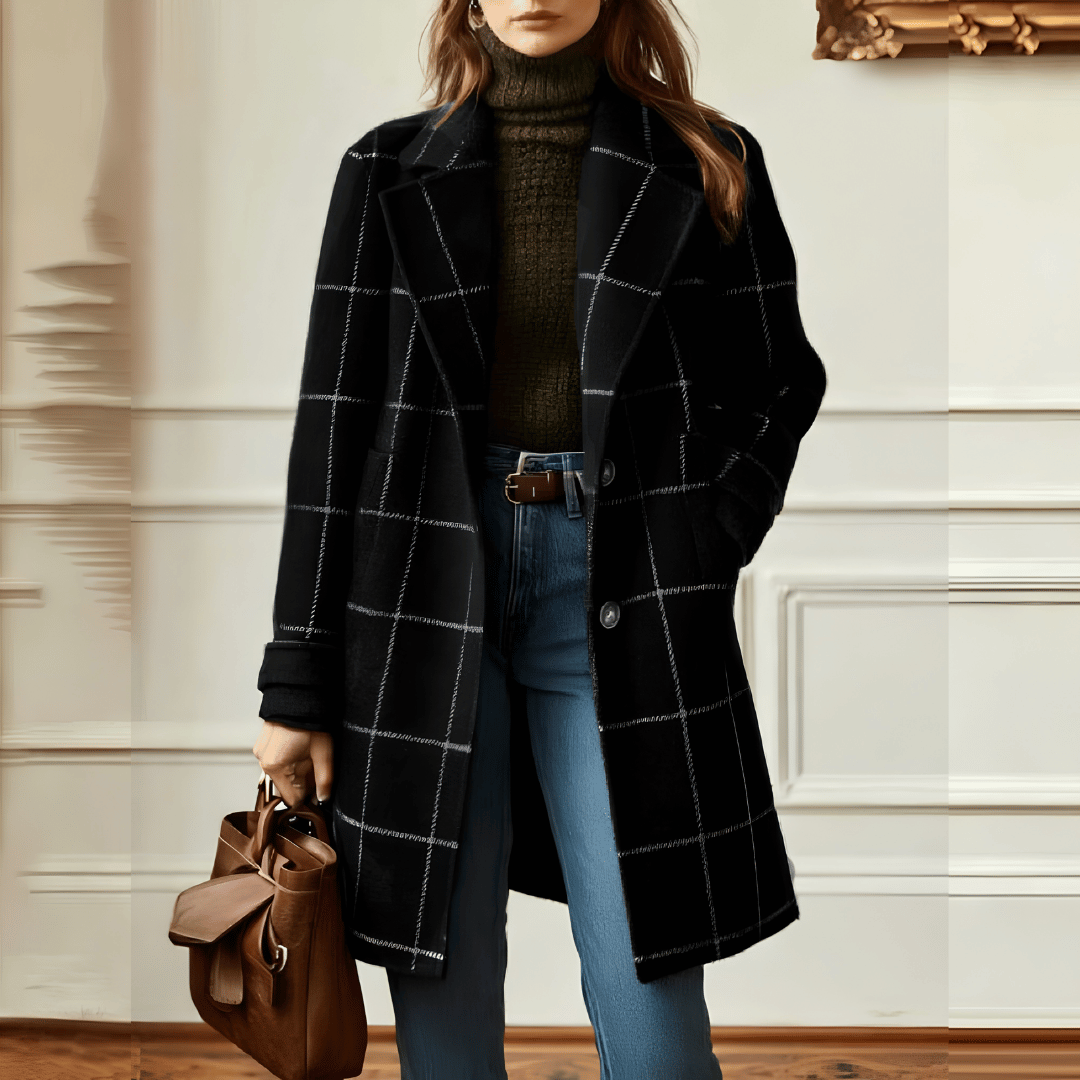 Manteau Structuré à Carreaux avec Col à Revers