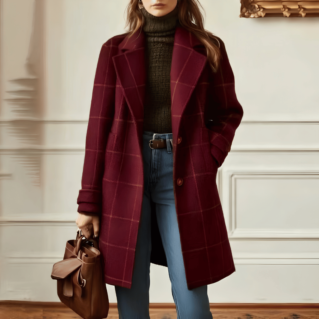 Manteau Structuré à Carreaux avec Col à Revers
