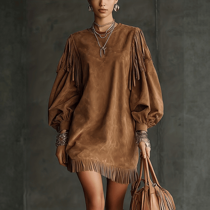 Robe Courte Fluide à Franges et Manches Bouffantes