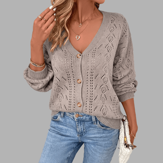 Gilet Femme en Maille à Motifs Ajourés et Col V