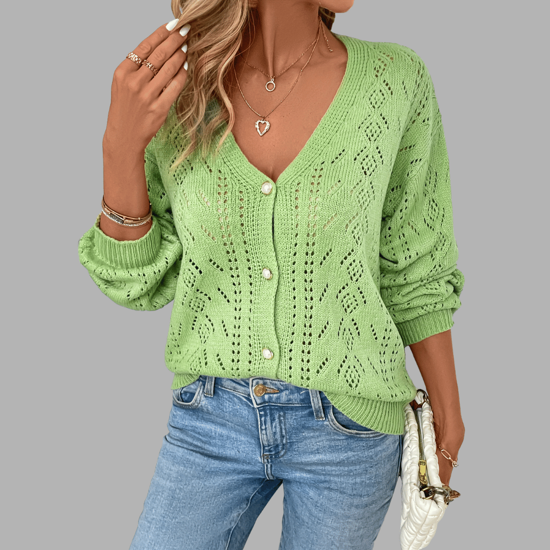 Gilet Femme en Maille à Motifs Ajourés et Col V