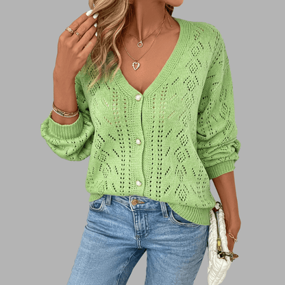 Gilet Femme en Maille à Motifs Ajourés et Col V