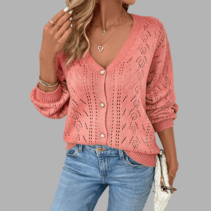 Gilet Femme en Maille à Motifs Ajourés et Col V
