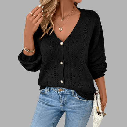 Gilet Femme en Maille à Motifs Ajourés et Col V
