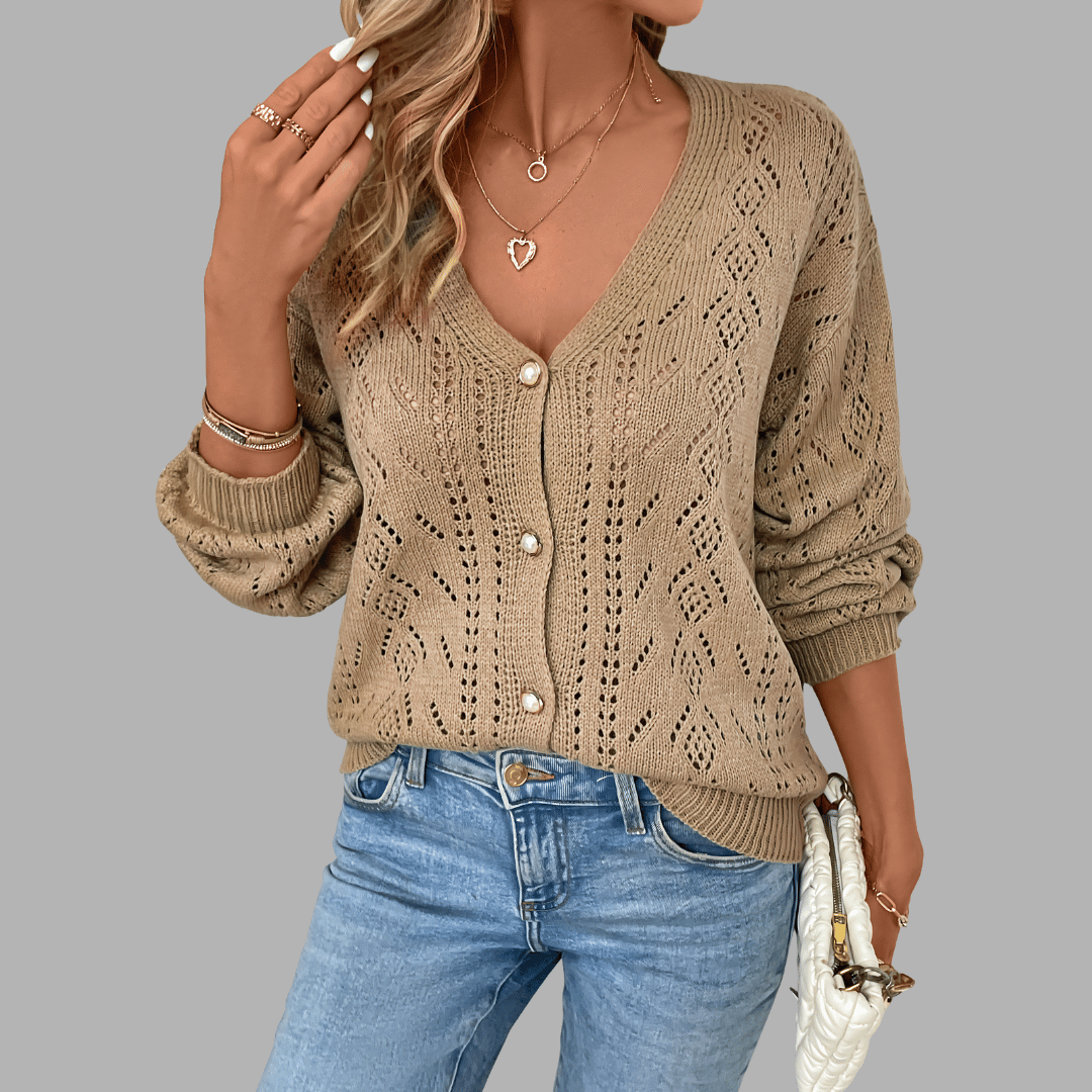 Gilet Femme en Maille à Motifs Ajourés et Col V