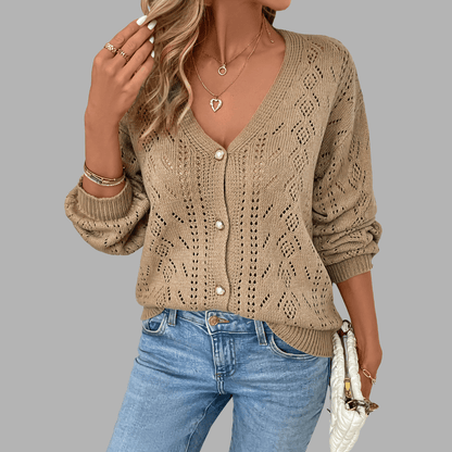 Gilet Femme en Maille à Motifs Ajourés et Col V